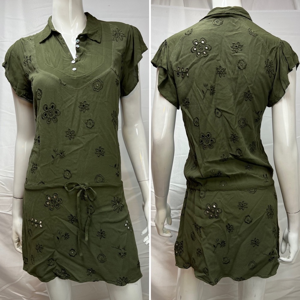 Women's GHOST Olive Green Floral Embroidered Eyelet Lace Viscose Tunic Dress S